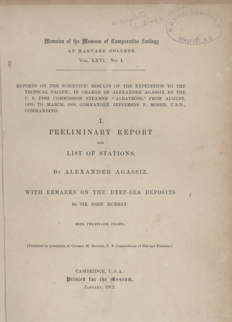 Cover of the Preliminary Report and List of Stations  obtained during the sscientific expedition of the Albatross to the tropical Pacific