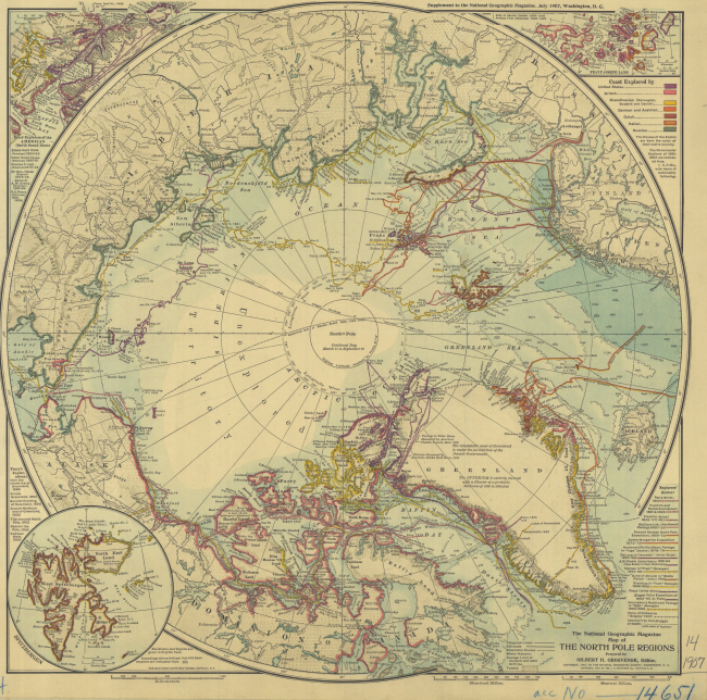 The National Geographic Map of the North Pole Regions showing discoveries androutes of explorers up to 1907