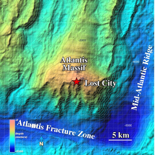 The Atlantis Massif or Seamount is bounded to the east by the slow-spreadingMid-Atlantic Ridge, and to the south by the Atlantis Fracture Zone