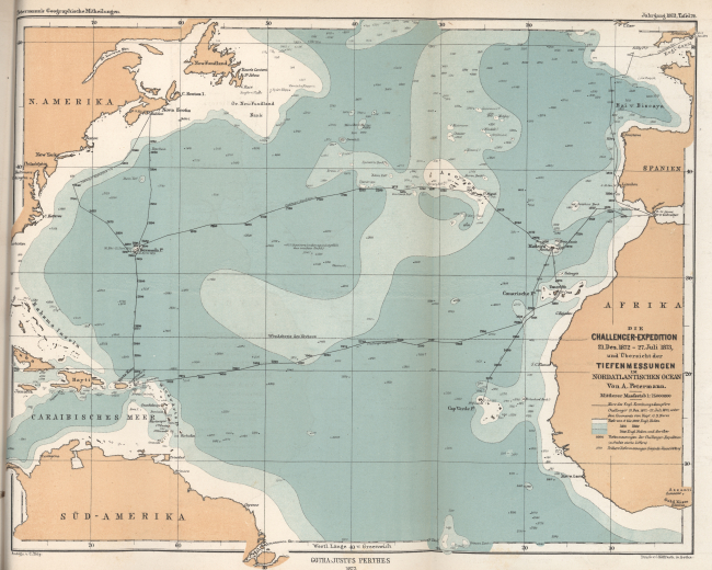 Bathymetric map of North Atlantic Ocean showing the track of H