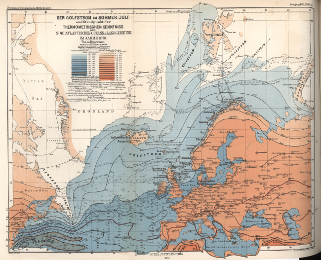 Map of the northern extent and influence of the Gulf Stream with isotherms