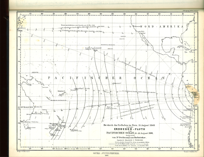 A tsunami time-travel map by Ferdinand Hochstetter published in Petermann'sGeographische for the Arica, Peru, earthquake ( 8