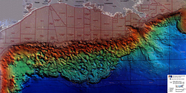 Computer enhanced multibeam bathymetry map of the northwestern and northernGulf of Mexico continental shelf and slope