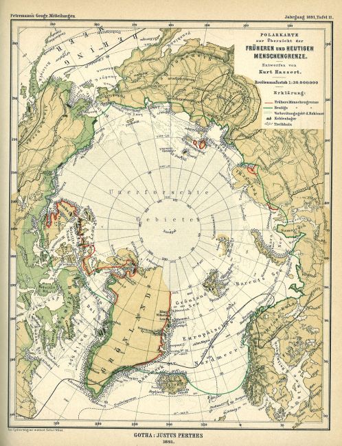 Arctic Ocean region (Polarkarte) showing Fruheren und HeutigenMenschengrenze by Kurt Hassert