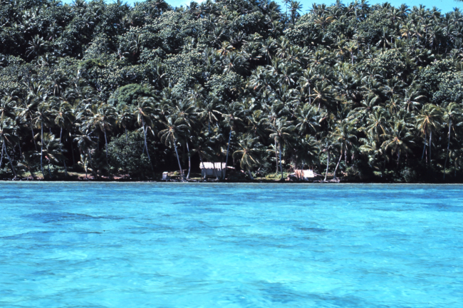Native dwellings on shore beyond fringing reef
