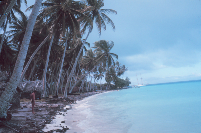 Fanning Island shoreline with research vessel WESTWARD in background