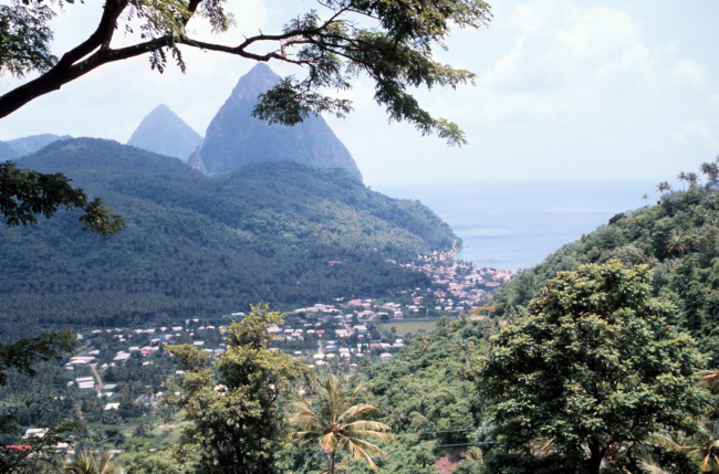 The Pitons from a land view