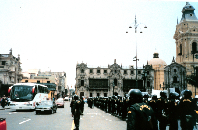 Police massed to stop potential demonstrations near the Presidential Palacein downtown Lima, Peru