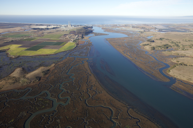 An aerial view of Elkhorn Slough National Estuarine Research Reserve and theMoss Landing power plant