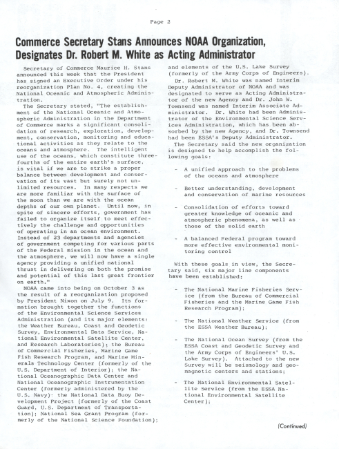 Page 2 of Volume 1 Number 1 of NOAA Week discussing organization of NOAA