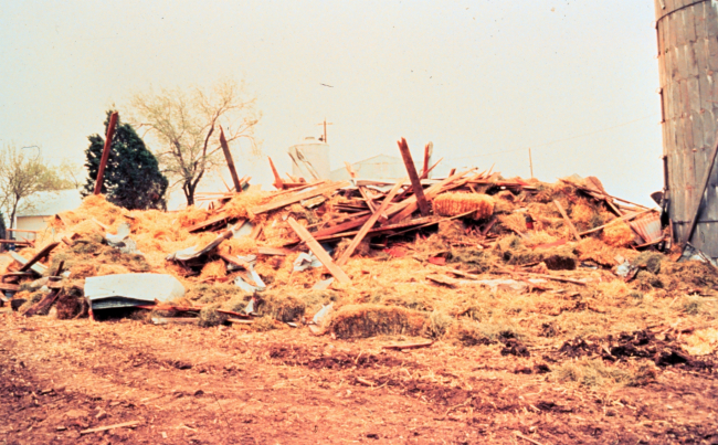Damage to a farm caused by an April, 1978 Newkirk, Oklahoma tornado