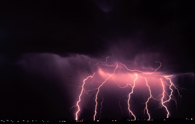 Time-lapse photography captures multiple cloud-to-ground lightning strokesduring a night-time thunderstorm