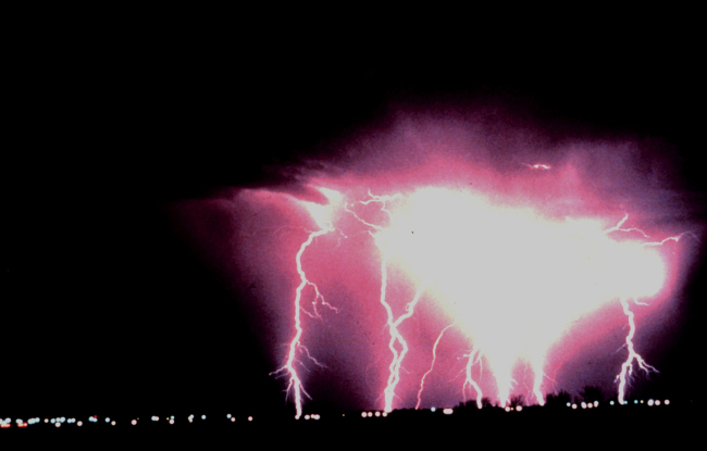 Intense cloud-to-ground lightningCaught using time-lapse photography during a night-time thunderstorm