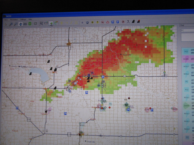 An image from the Situational Awareness Severe Storm Intercept softwareshowing the position of each research vehicle in relation to the target storm