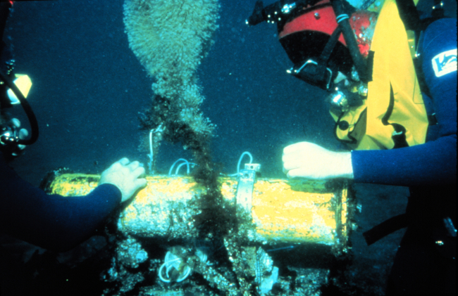 Underwater gear is maintained by divers to clear fouling and retrieve data