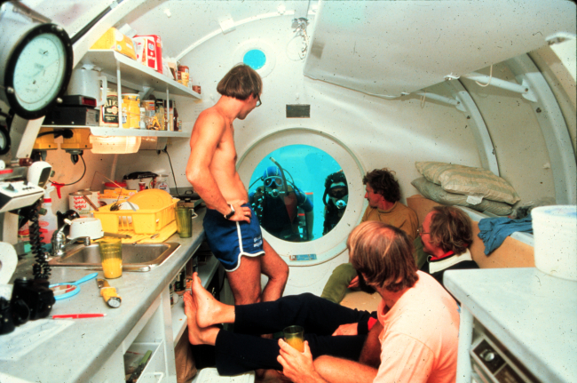 Aquanauts relax inside HYDROLAB; held 4 but only 3 could sleep at one time