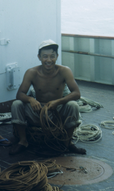 Fisheries scientist Bell Shimada making up lines for catching fish for furtherstudy