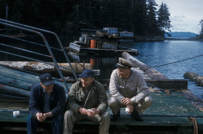 Crew and officer off the PATTON in a small SE Alaska port