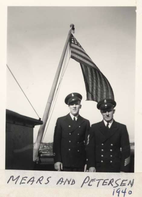 Petty officer Mears and Chief Boatswain Petersen with hash marks on sleeve