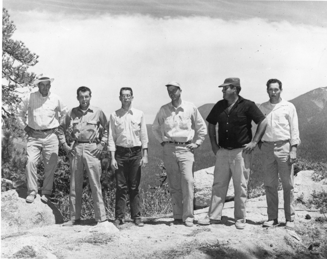 Level survey crew - L-R:  Sloan, Ted Millikan, Bill Misenheimerer, Jack Lee,Barney Belloni, and Leon Frazier