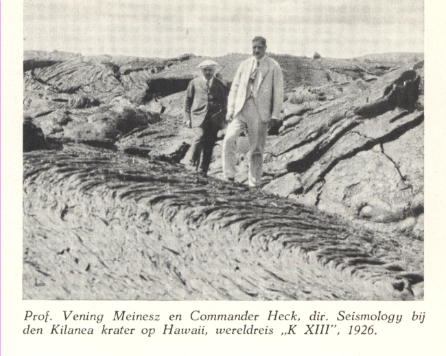 The great Dutch geophysicist Vening Meinesz, a giant of a man, with the greatCoast and Geodetic Survey scientist Captain Nicholas Heck, at Kilauea Crateron the island of Hawaii