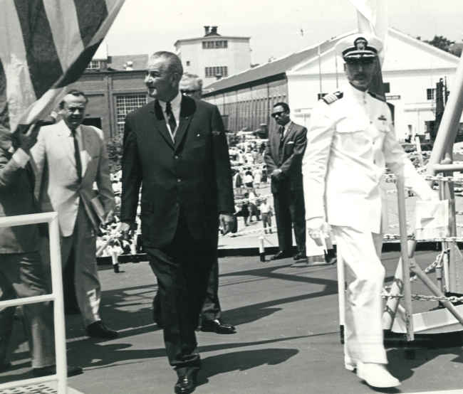 President Johnson and Captain Arthur Wardwell, ESSA Corps, at the commissioningceremony of the then ESSA Ship OCEANOGRAPHER at the Washington Navy Yard