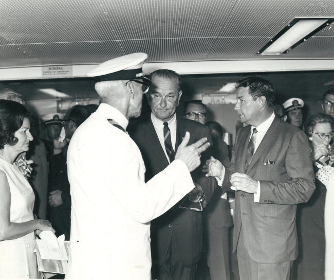 President Johnson and Captain Arthur Wardwell, ESSA Corps, at the commissioningceremony of the then ESSA Ship OCEANOGRAPHER at the Washington Navy Yard