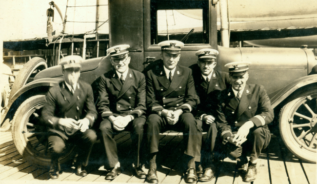 From L to R: Unknown, Arnold Karo, Ray Schoppe, unknown, unknown Chief Engineer