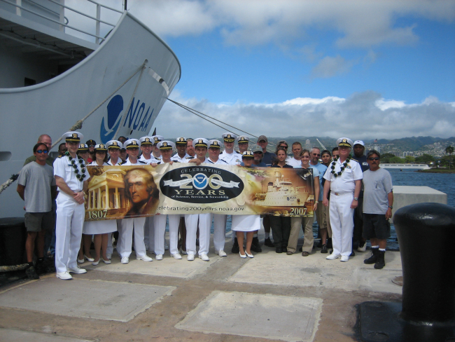 Crews of NOAA Ships Oscar Elton Sette and Hi'ialakai join Rear Admiral SamuelP