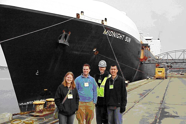 Alaska National Weather Service employees Louise Fode, Todd Foisy, LarryHubble, and Tom Dang visit the containership M/V Midnight Sun