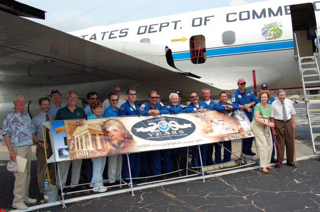 Crew members of NOAA's WP-3D Orion Hurricane Hunter Aircraft join members ofWFO Melbourne, the final stop of the 2007 Hurricane Awareness Tour