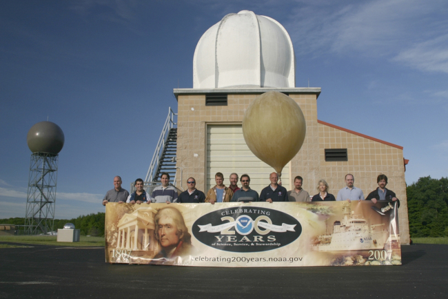 The National Weather Service Office in Gaylord, Michigan, sends 200th Greetings! Both the Upper Air Building and NEXRAD radar are shown with L-R: Bruce Smith,Kevin A
