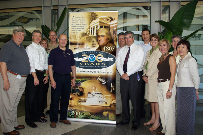 Some of the NOAA Research leadership and management took a break during theannual OAR Management Conference held in July at the National WeatherService Center