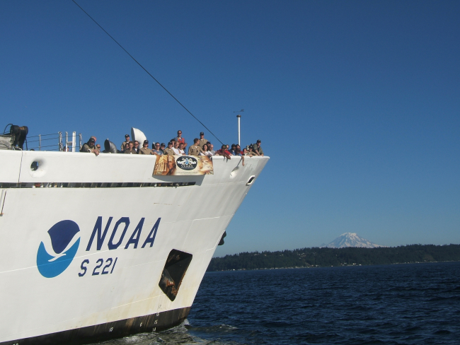 Greetings From Puget Sound! En route from surveying the coast of southeastAlaska to a project in the Columbia River, NOAA ship RAINIER took the rareopportunity to see her homeport and Mount Rainier, the inspiration for the ship's name