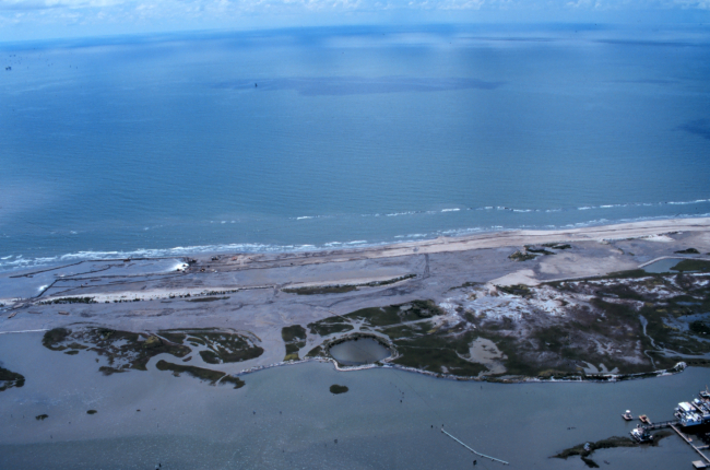 An aerial view looking out toward the Gulf of Mexico