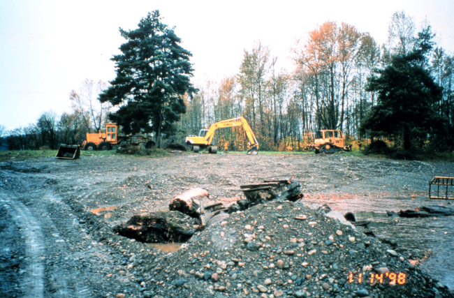 Construction equipment was moved out of the flood plain, after constructioncompleted but before the November 4th flooding event that brought the chumsalmon into the system