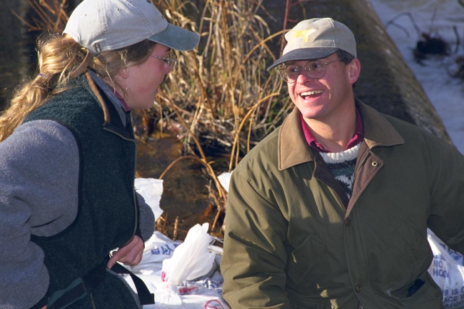 Eric Hutchins, NOAA, and Cindy Mom, Essex County Greenbelt Association,discuss the project at the restoration site