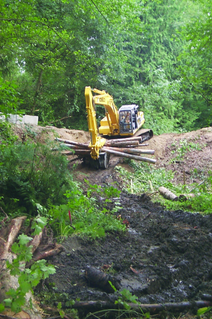 The spyder brings logs to the staging area at the Glade Bekken restoration site