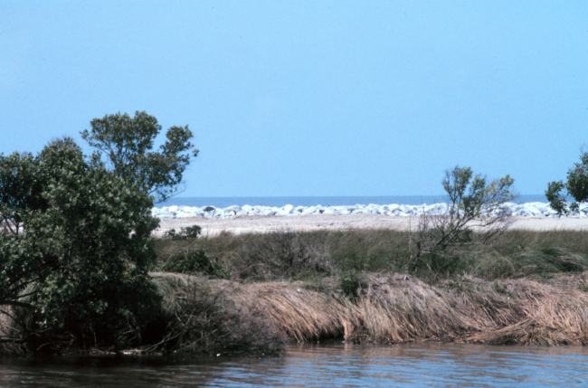 A view of the Gulf of Mexico from Mobile Canal, the rock is on the beach in thebackground