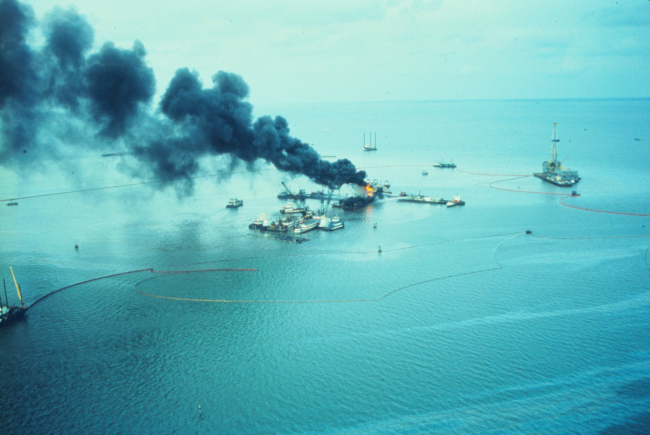 An oil rig blew out spewing crude oil into Timbalier Bay