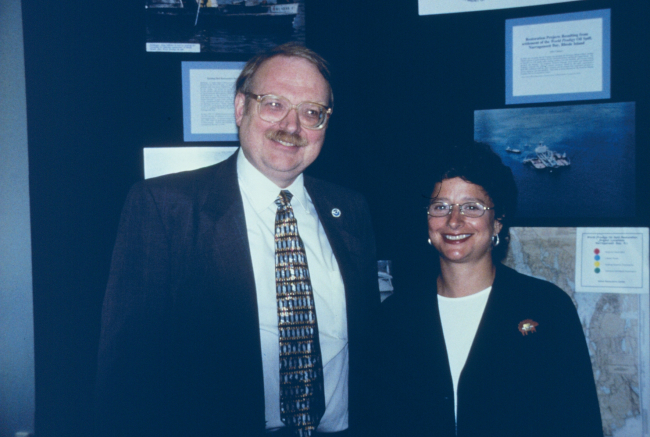 James Burgess, former director of the Restoration Center and Sally Yozell, former Deputy Assistant Secretary for NOAA,attend a ceremony to dedicate the lobster restoration projects