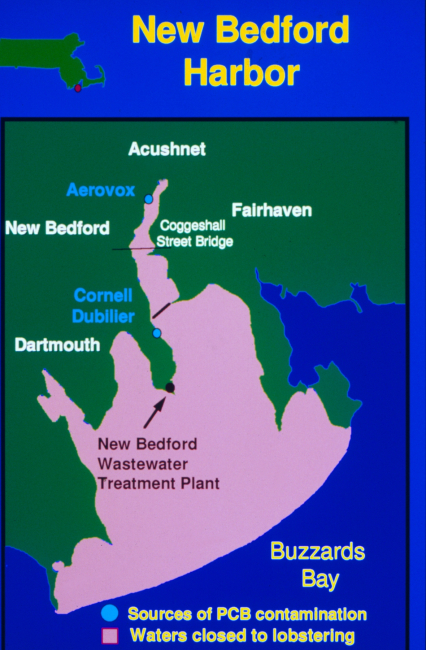 A map of New Bedford Harbor showing sources of PCB contamination