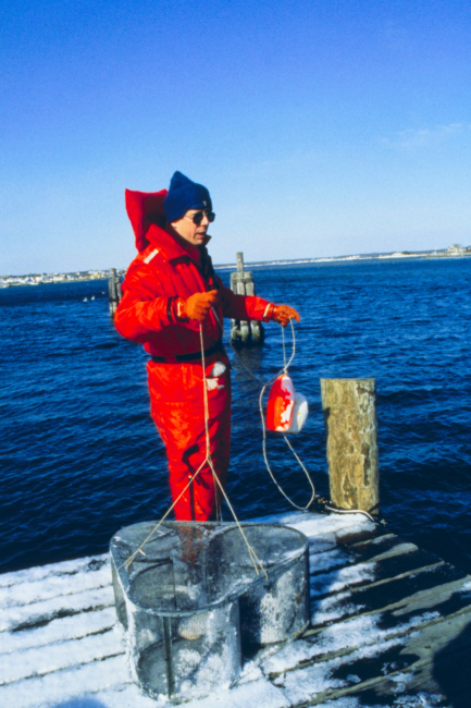 Tracey Collier of NMFS deploys a fish trap to sample for finfish exposure to oil