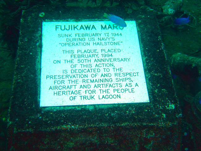 Commemorative plaque on the Fujikawa Maru placed there on the 50th anniversaryof the sinking of this vessel during WWII