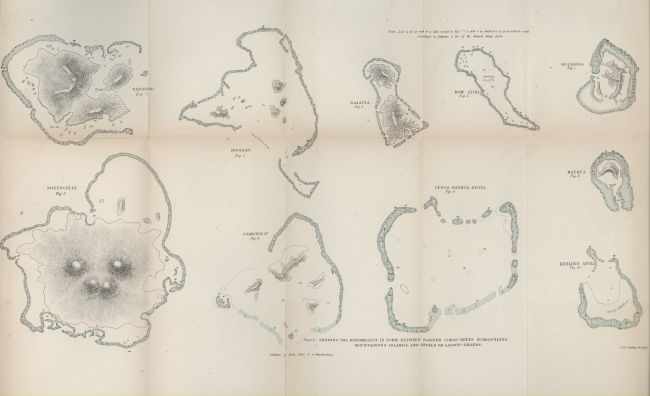 Chartlets showing various stages of atoll development accompanying CharlesDarwin's 1874 edition of Structure and Distribution of Coral Reefs
