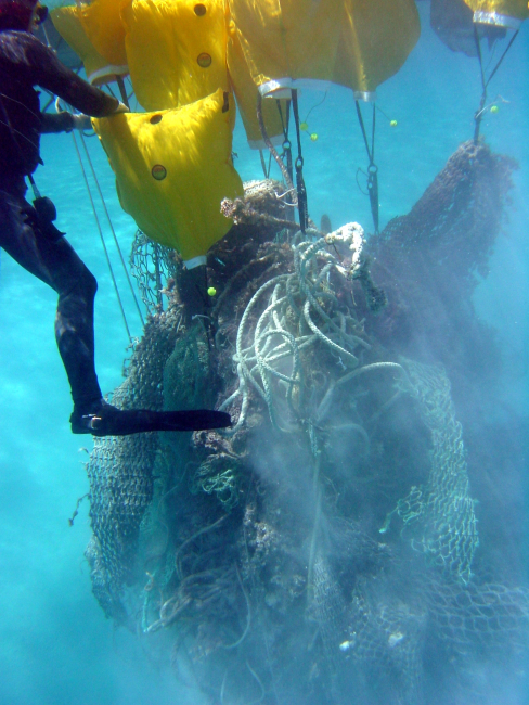 Lift bags bringing derelict net debris to the surface