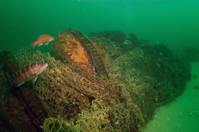 A large trawl net was wrapped around the windlass on theshipwreck of the coal schooner Paul Palmer until it was removed by NOAA diversin 2006