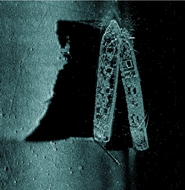 Synthetic aperture sonar image of the collided coal schooners Frank A