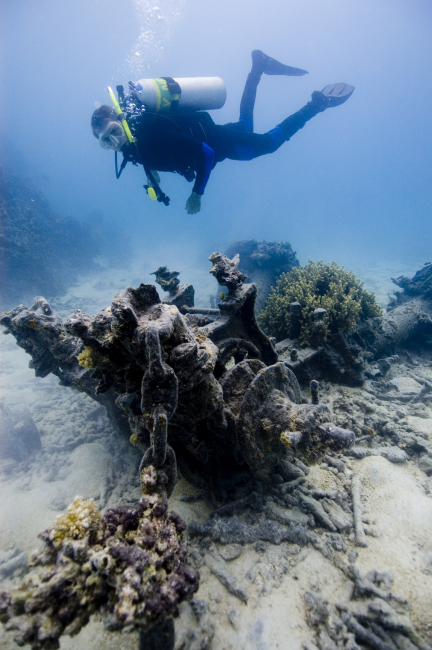 Diver investigates the anchor windlass at the OSHIMA shipwreck site