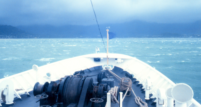 NOAA Ship FAIRWEATHER tied up during Hurricane Iniki
